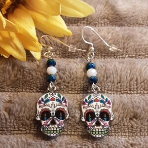 Handcrafted Sugar Skull Pierced  Earrings White Pink